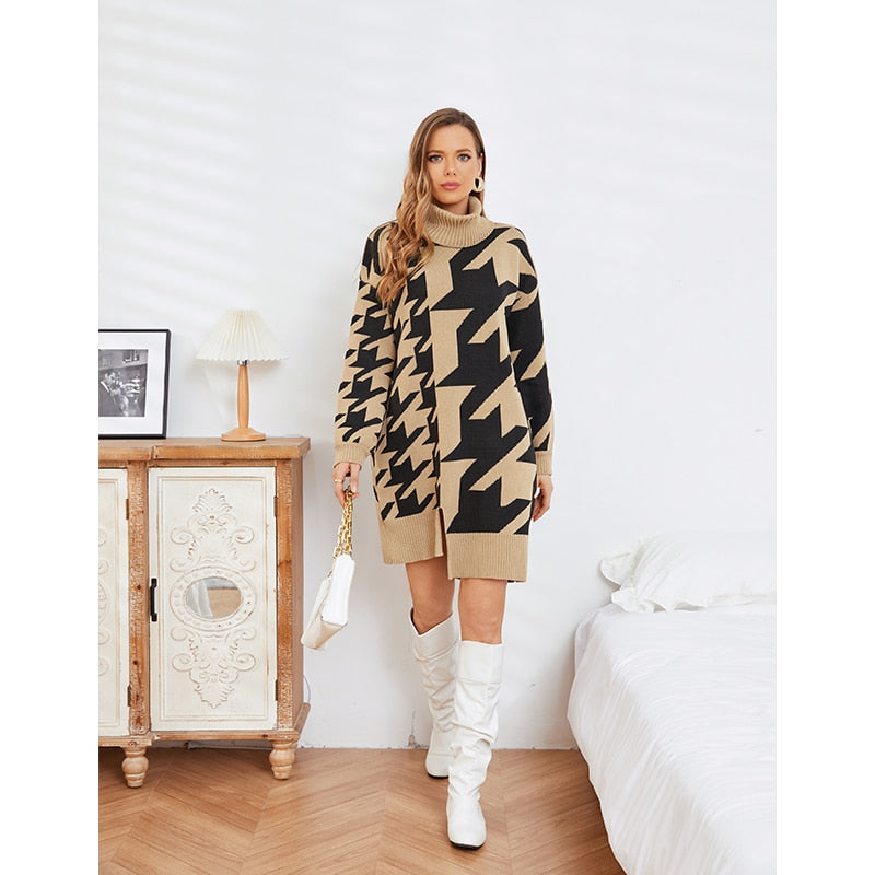 Geumxl Designer Oversized Turtleneck Sweater Dress Knitwear Houndstooth Winter Pullover Knitted Tops Jumper Wool Sweater For Women 2023