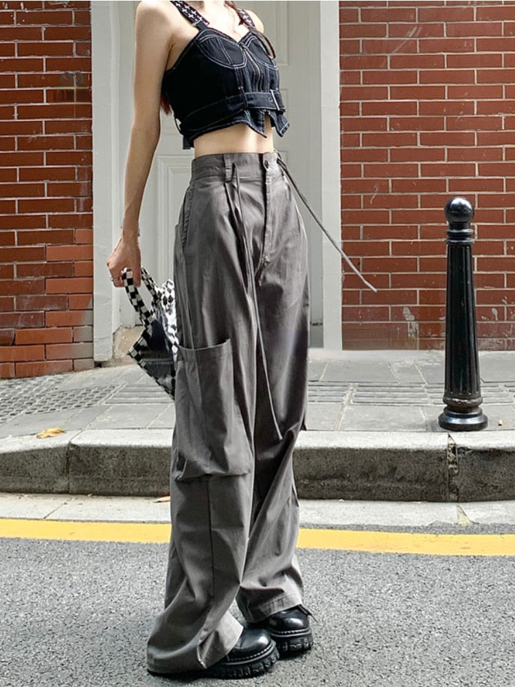 Back to School Streetwear Baggy Jeans Woman Wide Leg Drawstring Cargo Pants Vintage Korean Style Denim Trousers High Waist 2022 Summer Casual