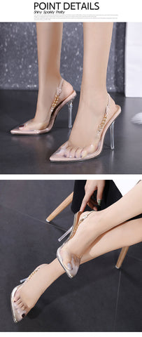 Plus Size Transparent Pumps Women Sexy Pointed Toe Chain Design Crystal Heel Ladies Shoes Stiletto High Heels  Sandals Shoe