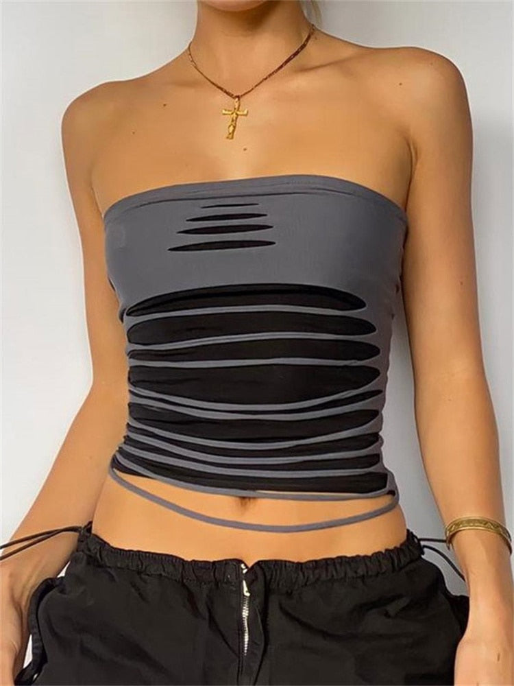 Geumxl Hollow Out Mesh Tube Top Bustier For Women Strapless Cute Tops Cropped Patchwork Double-layer Broken Corset Tops Camisole