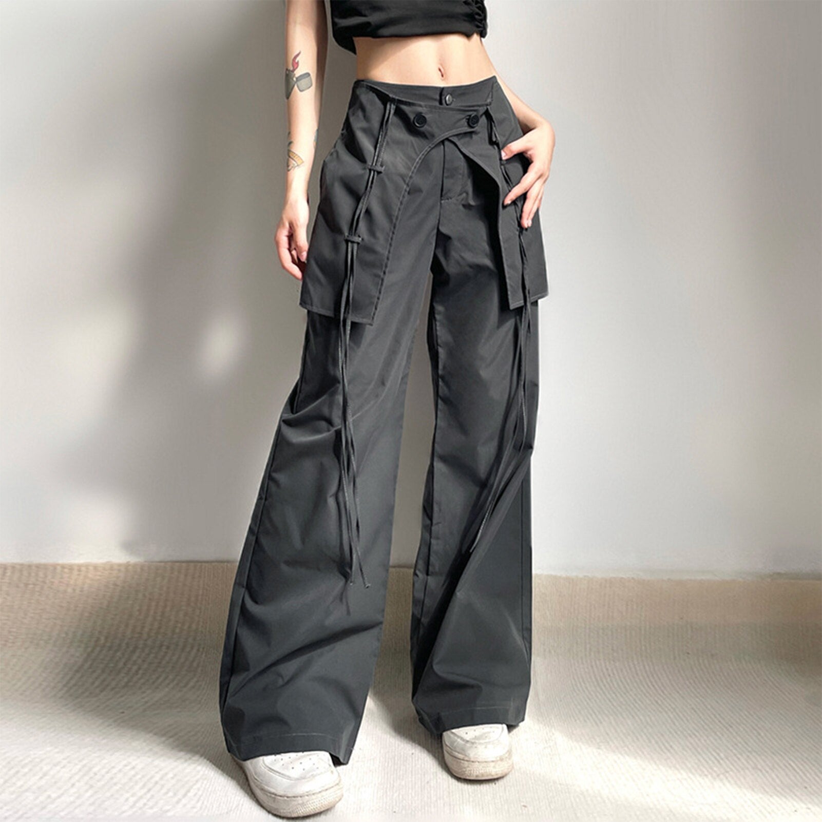 Back to School Y2K Long Pants Mid Waist Women Wide Leg Pants Comfortable Black Solid Color Relaxed Fit Drawstring Streetwear with Large Pockets