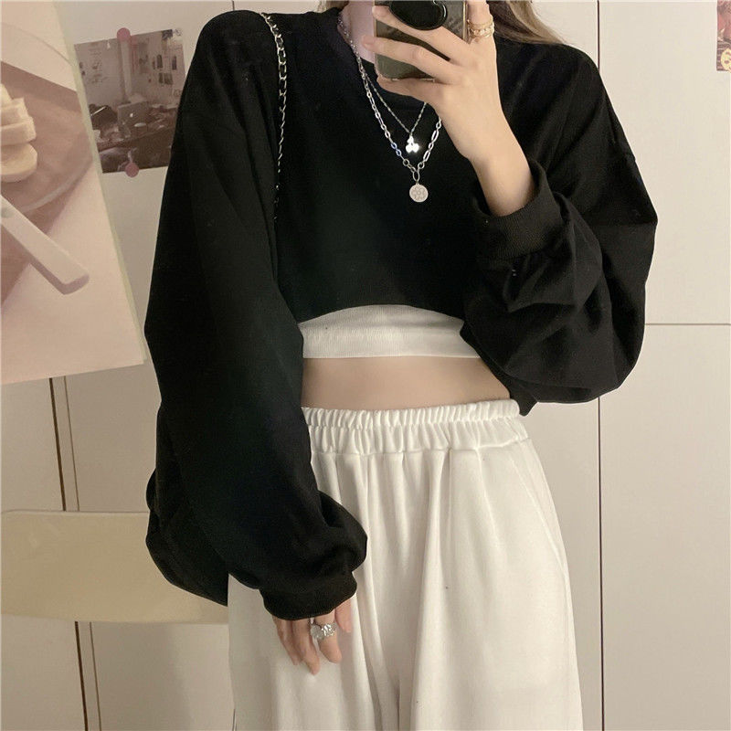 Geumxl 2022 Graduation party  Women Pullover Solid Cropped Hoodies Long Sleeves Loose Sweatshirts Casual Crop Tops for Spring Autumn Winter Mujer