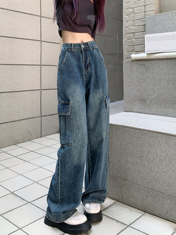 Back to School Korean Fashion Baggy Pants Women 2022 Summer Vintage High Waist Jeans Casual Straight Wide Leg Denim Trousers Lady Outdoor Slim