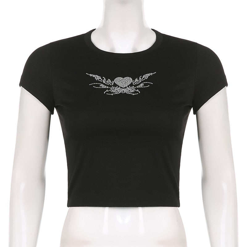 Rhinestone Butterfly Print 90S T Shirts Gothic Clothing Grunge Y2k Clothes Sexy Black Short Sleeve O-Neck Crop Top T-Shirt Women