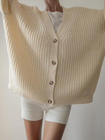 Geumxl V Neck Fashion Basic White Autumn Winter Cardigan Knitted Sweater Jacket Buttons Up Solid Oversized Sweaters Elegant