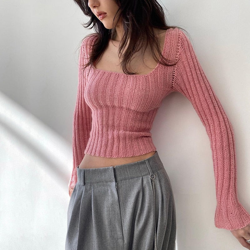 Geumxl Square Neck Basic Solid Long Sleeve Knitted Sweater Women Top Korean Fashion Pullover Slim Autumn Winter Sweaters New