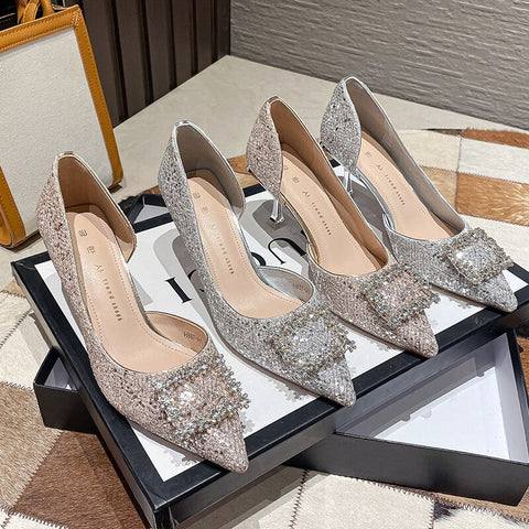 High Heels Women's Pumps New Rhinestone Mid-heeled Shoes Wedding Dress Banquet Fashion Shoes Female Pointed Toe zapatillas mujer