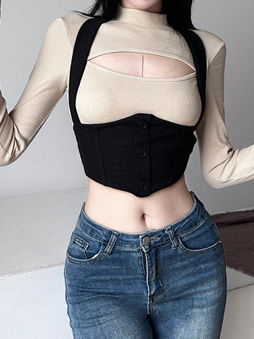 Geumxl Fashion Underbust Corset Skinny Women T Shirt Basic Slim Autumn Cropped Tops Korean Chic Cut Out Outfits Shirts