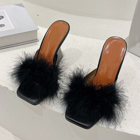Geumxl Women Slides Strange Sexy Transparent Heels Slipper Fur Feather Bohemia Style Shoes Summer Square Head Sandals Sabdalia Feminina