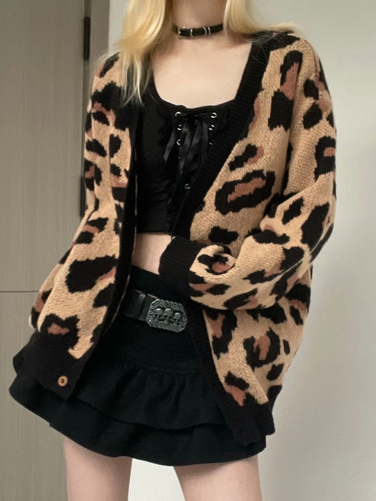 Geumxl Harajuku Leopard Winter Cardigans Female Buttons Up Knitted Sweater Jacket Retro Loose Contrast Knitwear Coat Outfits