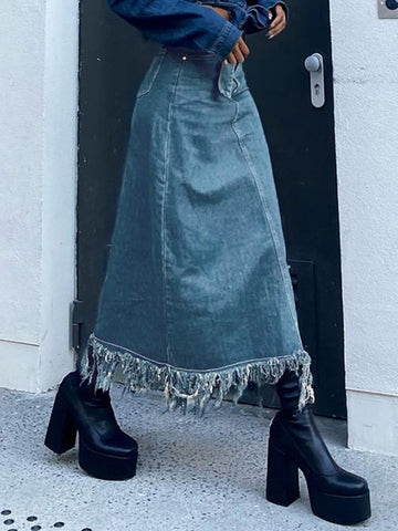 Geumxl Casual Blue Distressed Tassel High Waist Denim Skirt Women Streetwear Retro Grunge Chic Long Skirts Design Clothing