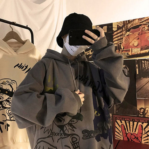 Geumxl Men Japanese Casual Streetwear Hoodie Cartoon Hip Hop Y2K Gothic Harajuku Aesthetic Pullover Hoodies Sweatshirts Emo Clothes