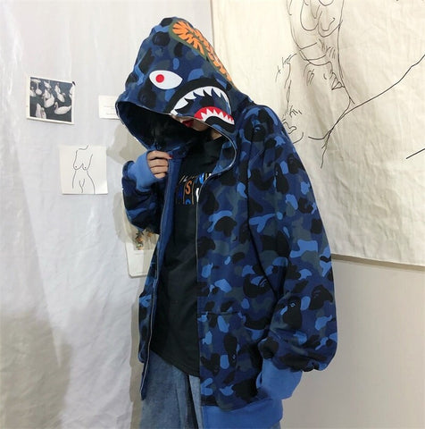 Geumxl Japanese Shark Camouflage Hoodies Women Men Sweatshirts Female Early Autumn Harajuku Hip-Hop Loose Couple Leisure Couples Hoodie