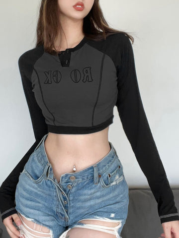 Geumxl Casual Patchwork Line Stitching Autumn T-Shirts For Women Long Sleeve Sweat Tee Letter Korean Slim Crop Tops Contrast