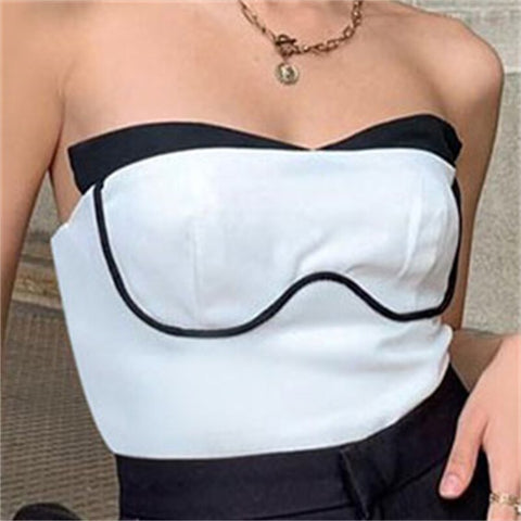 Geumxl Fashion Black And White Contrast Color Tube Top Cute Mini Bustier Tops Streetwear Casual Strapless Cropped Top Camisole
