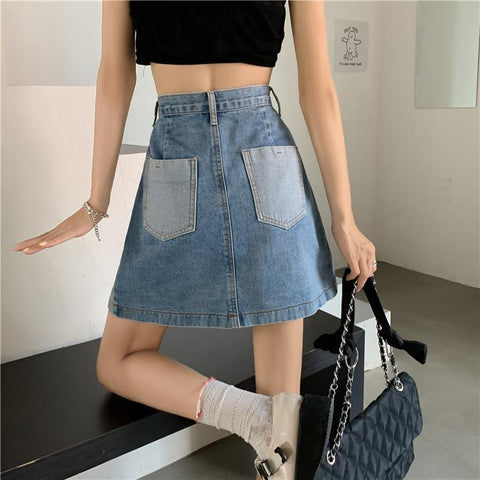 Geumxl Denim Pleated Skirts Women Patchwork Plus Size S-4XL Fake-Two Pieces Panelled Trendy High Street Empire Loose Mini Harajuku Chic