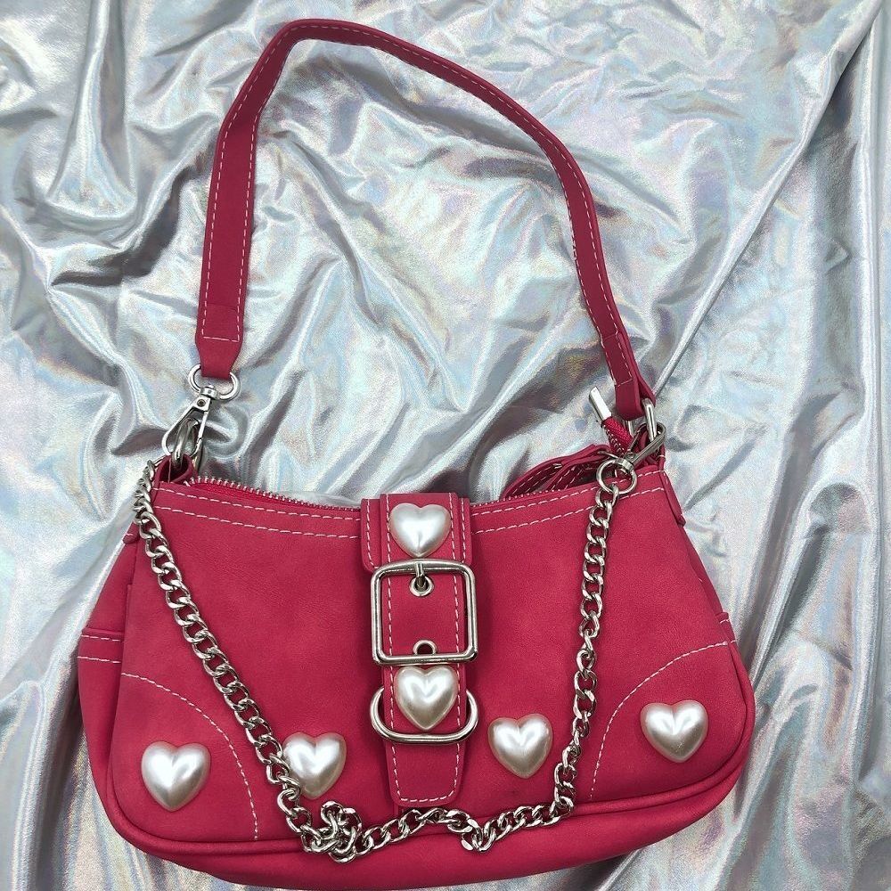 Geumxl Rose Red Women Heart Goth Shoulder Bag Lolita Y2K Cool Girls Underarm Bag Vintage Harajuku Female Chain Pouch Crossbody Bags