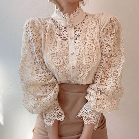 Elegant Women's Tops Chic Spring And Autumn Loose Chic Buttons Lace Hollow Floral Stitching Long Sleeve Stand Collar White Shirt