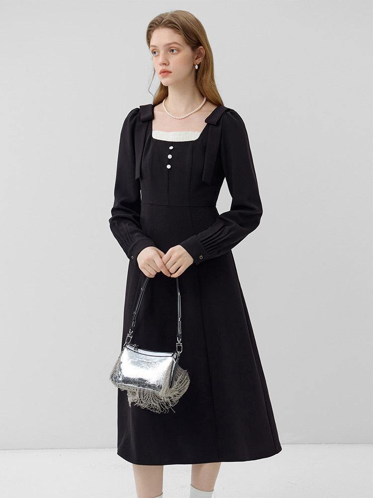 Geumxl French Style Dress New Neckline Contrast Pleated Slim Dress For Women Black Full Sleeve Women High Waist Dress Office Lady