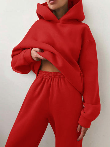 Geumxl Fleece-Lined Tracksuits Women Casual Solid Warm Suits Hoodies Sweatpants Autumn Winter Pullover Sweatshirts Pants 2 Piece Set
