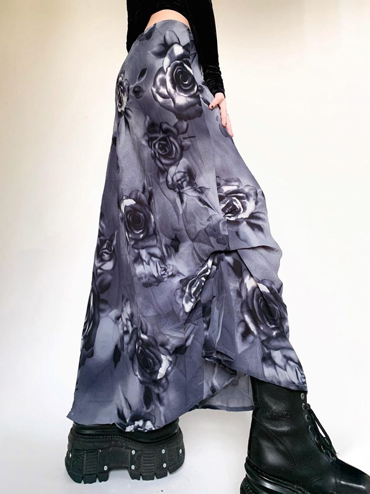Geumxl Vintage Fairycore Rose Floral Printed Maxi Chiffon Skirt Female Folds Low Waist Y2K Long Skirts Chic Aesthetic Party