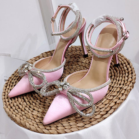 Geumxl Fashion Women's High Heel Sandals Rhinestone Woman Pump Crystal Bowknot Ankle Strap Ladies Prom Shoes Women 2023 Female Footwear