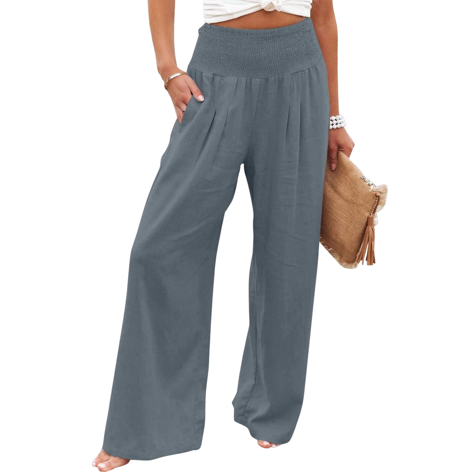 Back to School Cotton Linen Women Loose Casual Pants Pleated Wide Leg Long Pants High Waist Solid with Pockets Fashion Summer Trousers