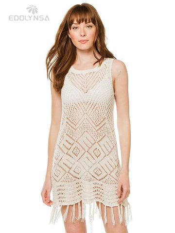 Geumxl--hoco dresses  White Crochet Tunic Bikini Cover-Ups Sexy Hollow Out Sleeveless Fringed Mesh Dress Women Beach Wear Casual Mini Dress Q1398