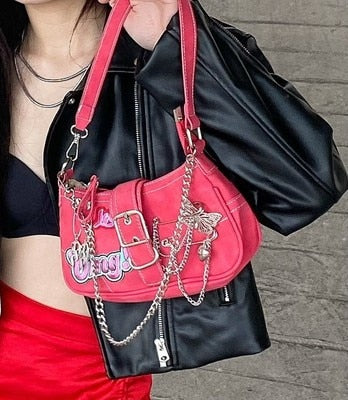 Y2K Sweet Cool Girls Underarm Bag Fashion Women's Pink Shoulder Crossbody Bags Retro Chain Female Clutch Tote Purse Handbags