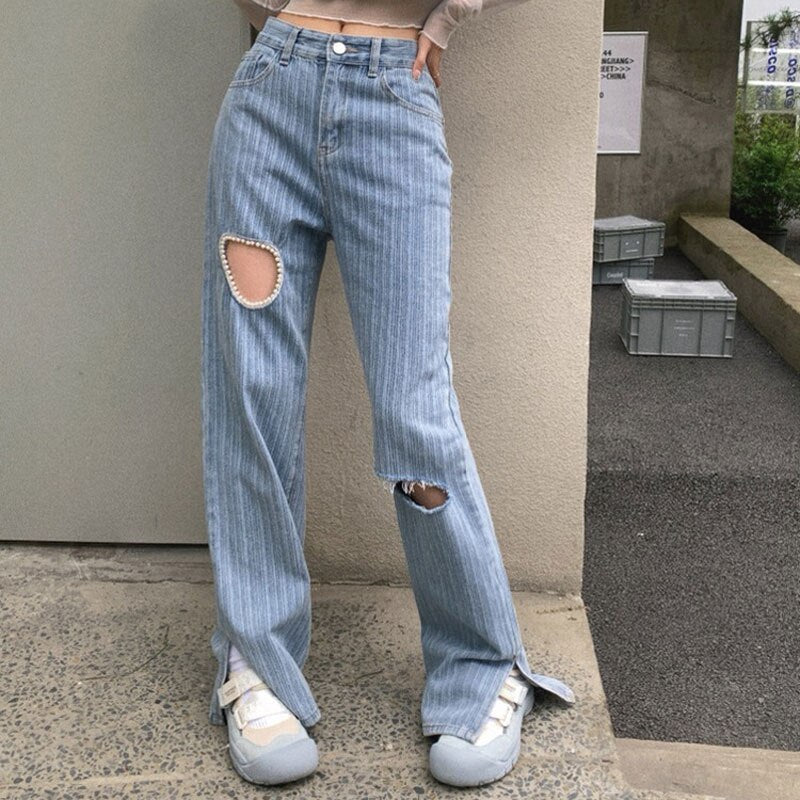Geumxl Casual Baggy Straight Denim Jeans Ladies Heart High Waist Hollow Out Jeans Women Trousers Ripped Split Wide Leg Pants