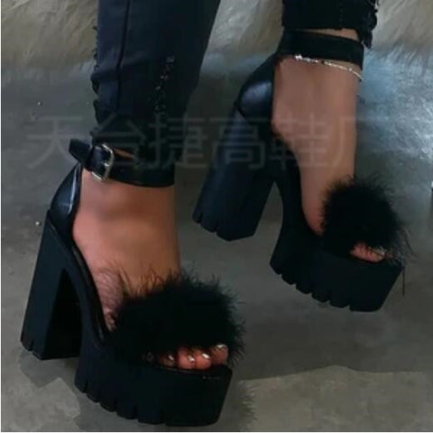 Geumxl Woman Furry Sandals High Heels With Fur Female Platform Pumps Women Ankle Strap Women's Wedge Shoes Summer