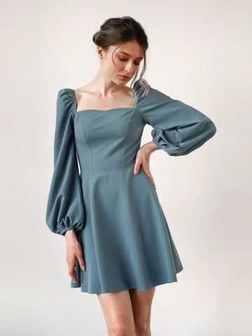 Geumxl Solid Casual Spring Mini Dress Puff Sleeve Square Neck Elegant Slim Party Dress Ladies Vintage A Line Women Dresses 2023