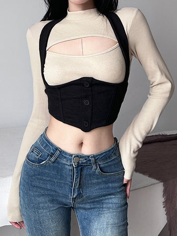 Geumxl Fashion Underbust Corset Skinny Women T Shirt Basic Slim Autumn Cropped Tops Korean Chic Cut Out Outfits Shirts