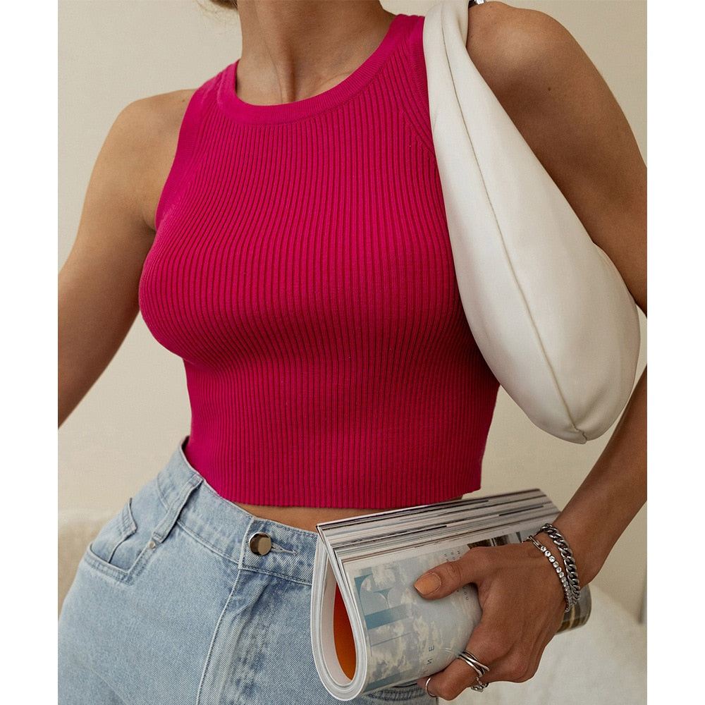 Back to School Ribbed Jersey Crop Top Summer Women Knitted Tank Tops Viva Magenta Round Neck Slim Fitted Vest Sleeveless Solid Color Crop Tank
