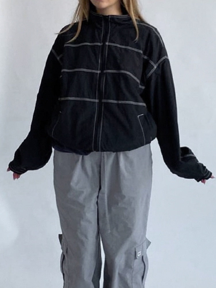 Geumxl Harajuku Casual Black Cargo Style Autumn Jacket Women Tech Streetwear Zip Up Coat Loose Sporty Bright Line Outwear