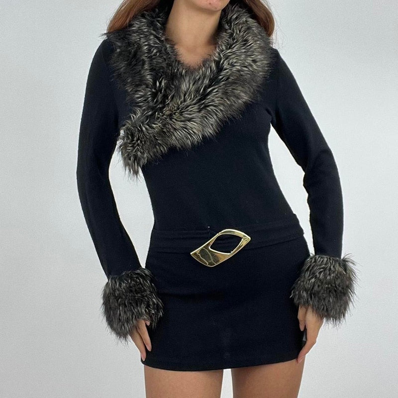 Geumxl Fashion Fluffy Patchwork Fur Collar Black Winter Dress Ladies Bodycon Elegant Warm Y2K Vintage Clothes Dresses Party