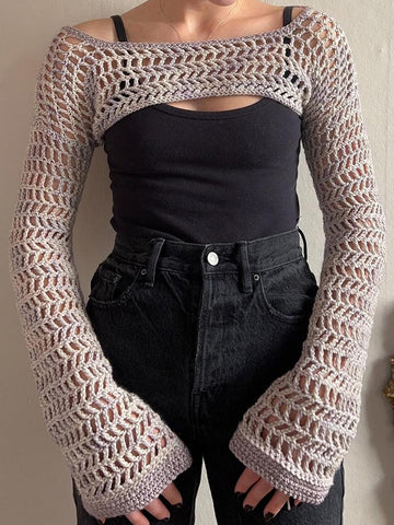 Geumxl Fashion Chic Holidays Crochet Knitted Sweater Cropped Smock Top Beach Hollow Out Super Short Pullover Breathable Sexy
