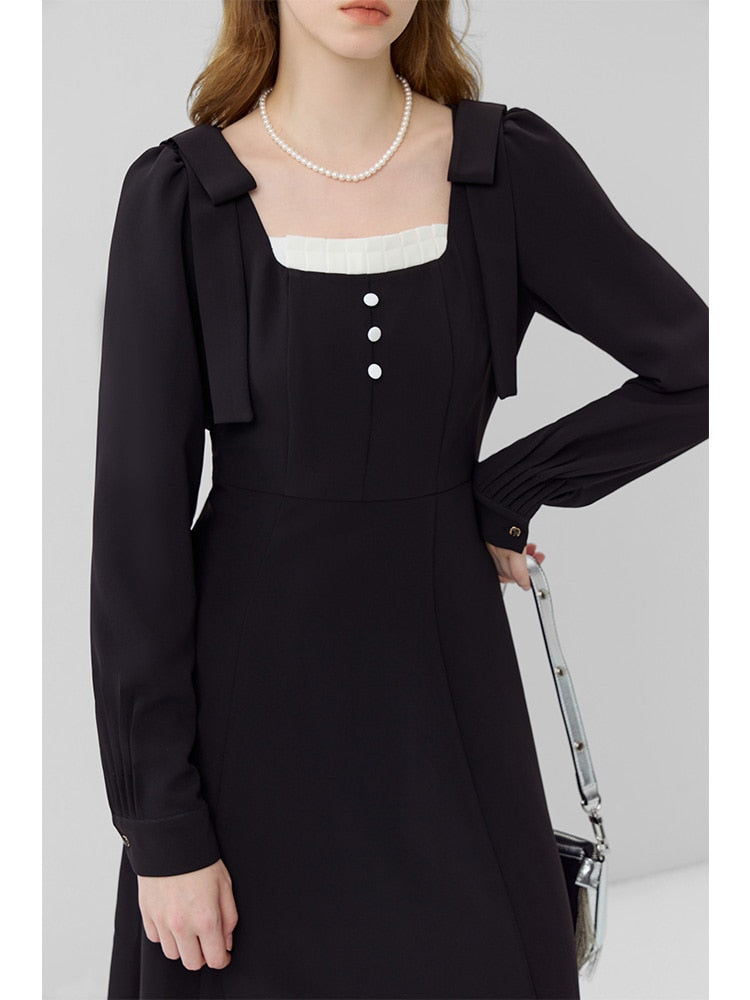 Geumxl French Style Dress New Neckline Contrast Pleated Slim Dress For Women Black Full Sleeve Women High Waist Dress Office Lady