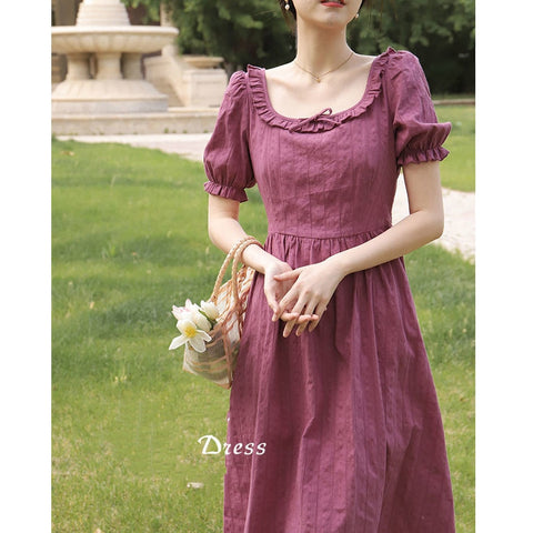 Elegant Retro Summer Dress Women's Puff Sleeve V-Neck High Waist Sweet Ruffle Long Dress Korean Fashion New