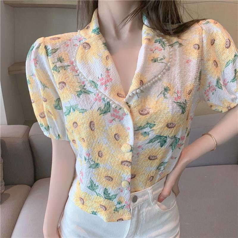 Geumxl Blouse Women Summer 2022 New French Style Short Sleeve High Waist V-Neck Blusas Womens Tops And Blouses