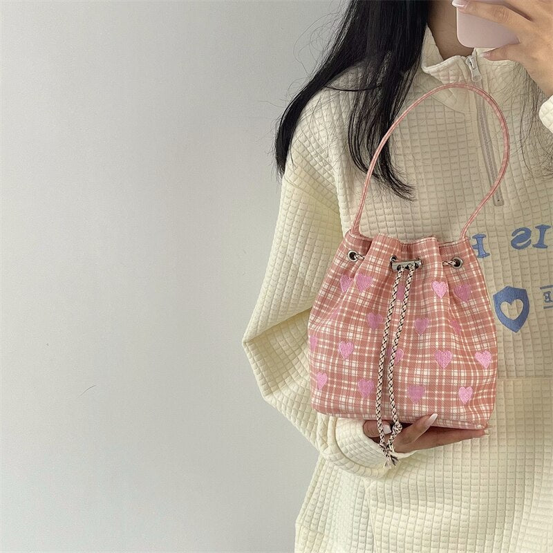 Pink Heart Embroidered Ladies Bucket Purse Handbags Fashion Love Women Messenger Bag Drawstring Female Girls Small Shoulder Bags