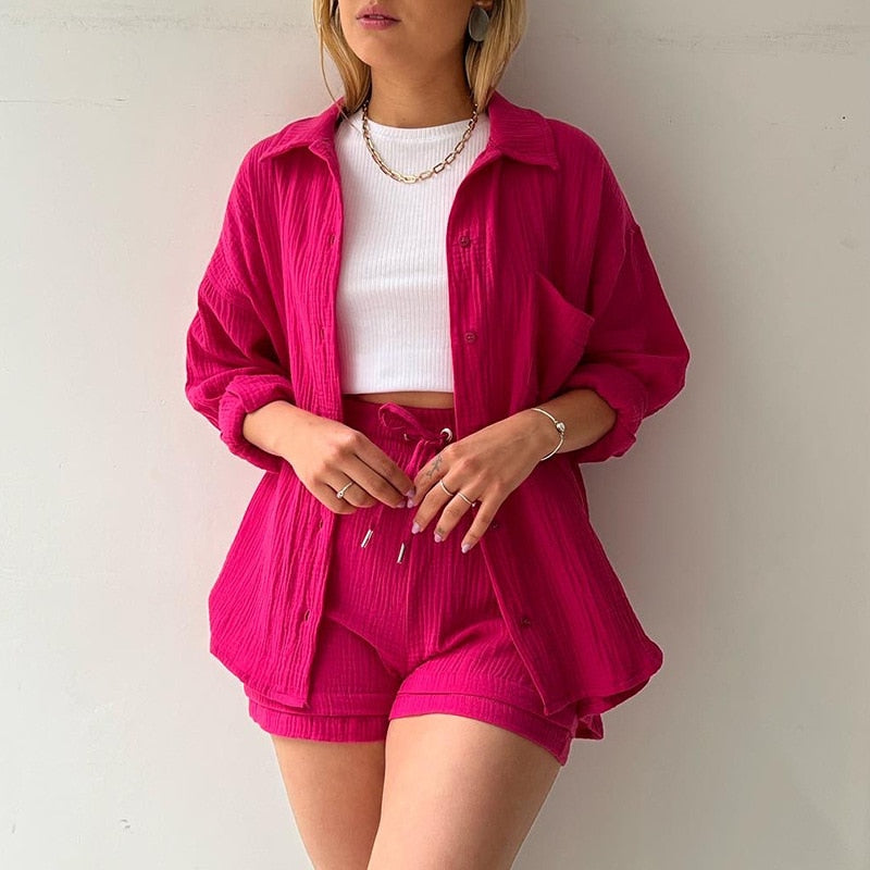 Back to School Viva Magenta Two Piece Set Summer Women'S Long Sleeve Short Sets Button Outfits Suit Solid Color Pleated Shirt Casual Set