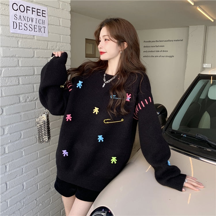 Geumxl Black White Winter Fall Turtleneck Sweater Women Knit Long Sleeve Tops Korean Fashion Style Oversized Cute Bear Sweater Women