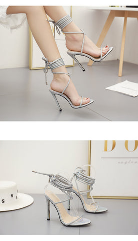 Silver Crystal Rhinestone Sexy Sandals Women Summer Ankle Lace-Up Open Toe Thin High Heel Sandals Wedding Shoes Zapatos