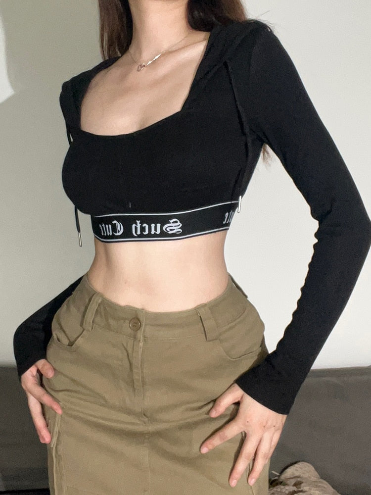 Geumxl Casual Knit Bodycon Crop Top Women T-Shirts Hooded Letter Ribbon Patchwork Spring Autumn Shirts Sportswear Korean New