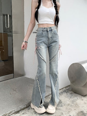 Back to School 2023 Summer Kawaii Sweet Flare Pants Female Slim French Vintage High Waist Jeans Design Casual Korea Fashion Denim Trouser Woman