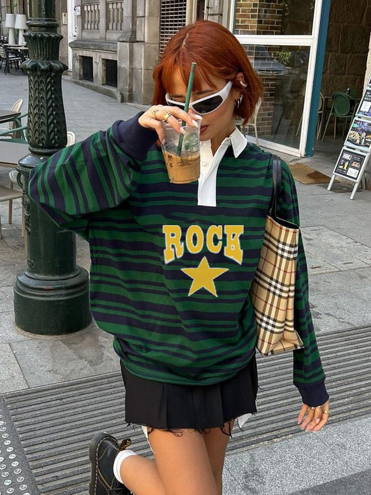 Geumxl Harajuku Green Stripe Star Print Loose Women's Sweatshirt Preppy Autumn Pullover Tops Korean Clothes Sweat Shirts Y2K