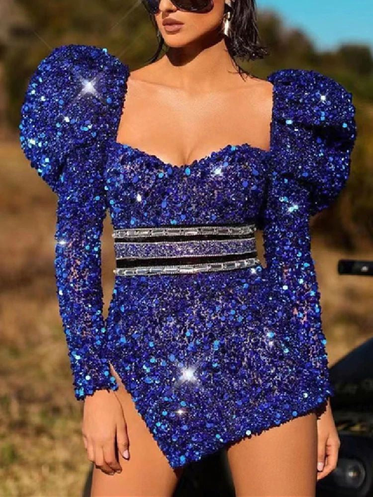 Sexy Square Neck Silver Cut Out Stretch Sequin Bodycon Party Mini Dress Long Sleeve Blue Dress