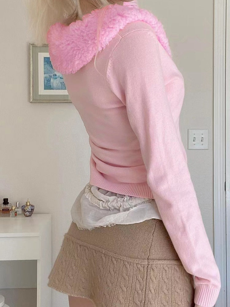 Geumxl Sweet Kawaii Pink Autumn Cardigans Women Pearls Button Female Sweater Knitted Korean Fashion Fur Trim Collar Jackets