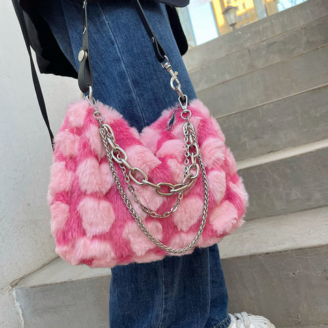 Geumxl Back to School Y2k Hot Girls Pink Love Underarm Bags Soft Plush Heart Pattern Ladies Shoulder Bag Female Chain Furry Crossbody Bag Handbags